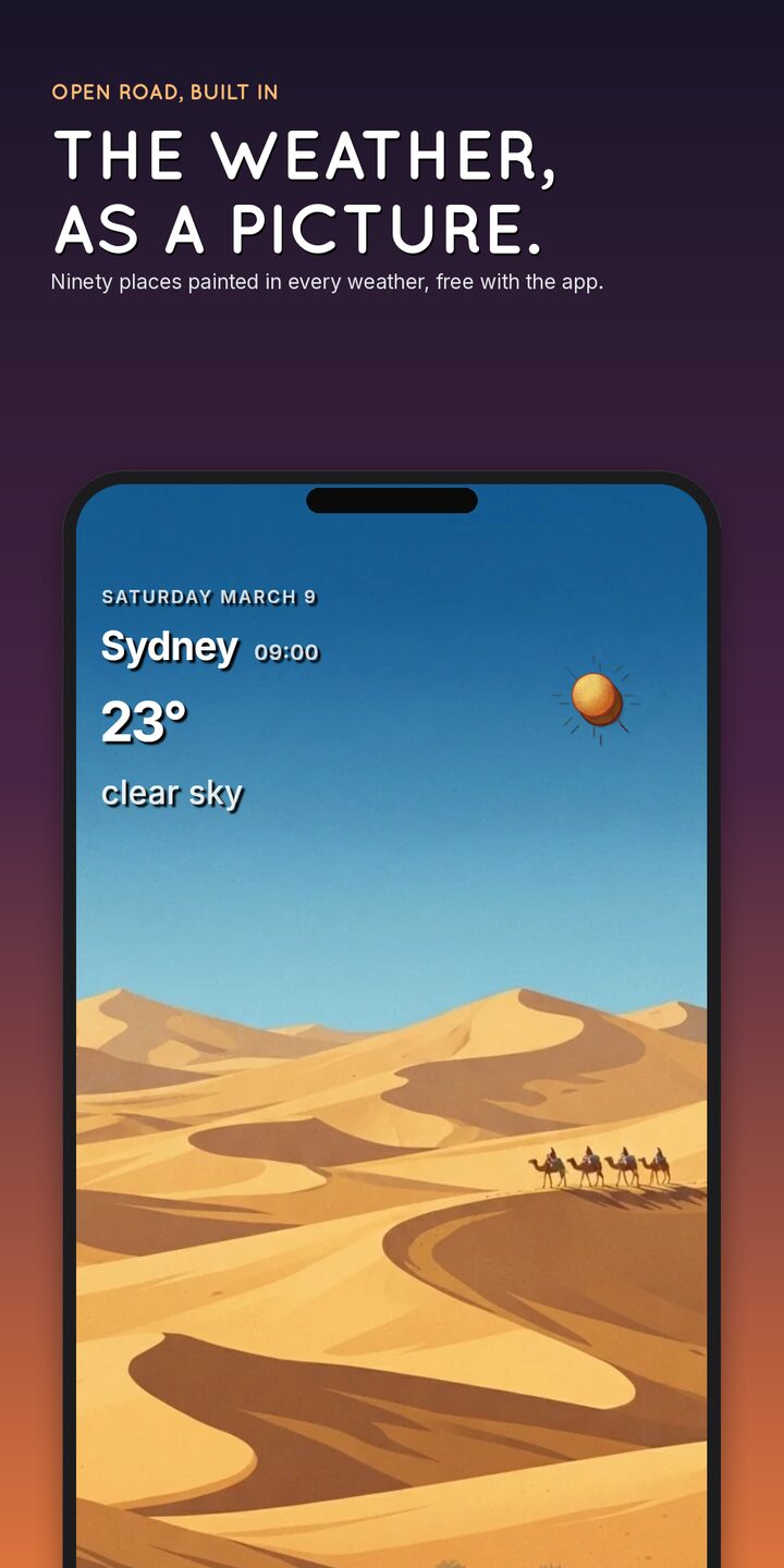 Weatherie today screen with the built-in Open Road theme